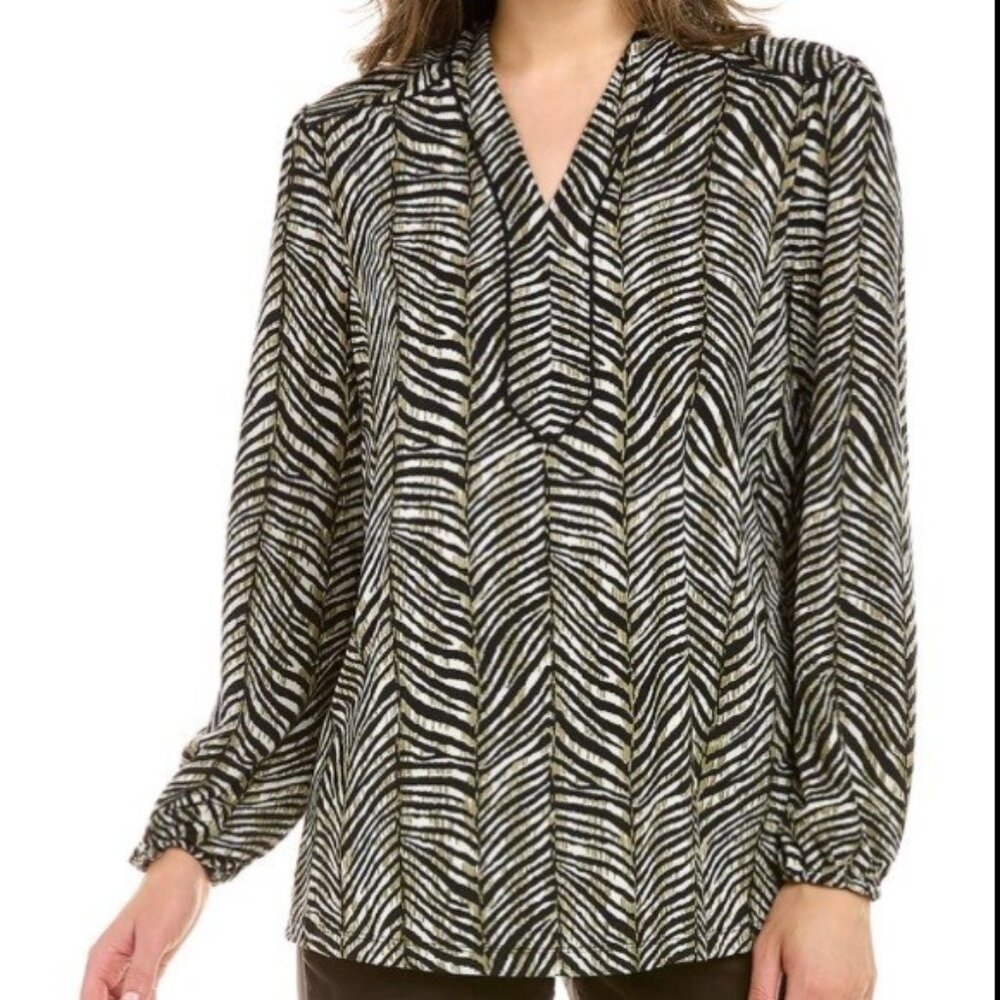 J. McLaughlin Herringbone Henley Sz (XL) Tunic Blouse Green Black Womens
